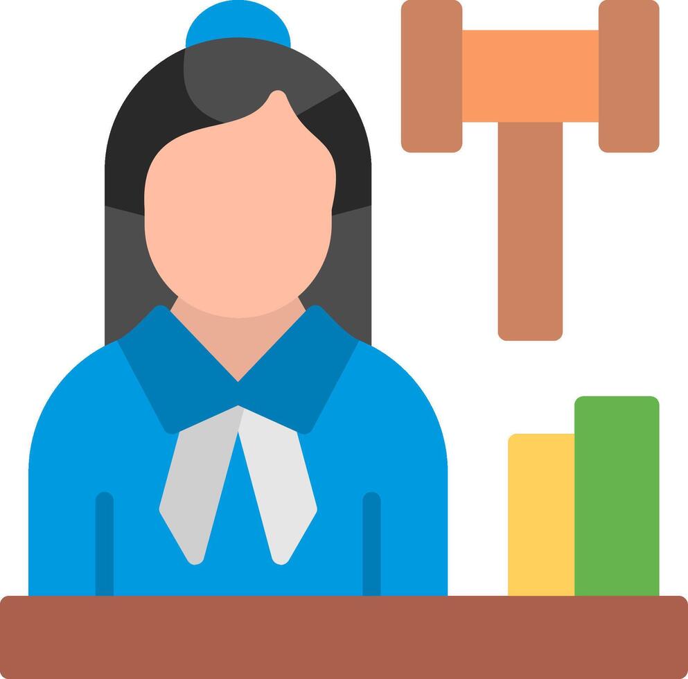 A woman in a blue dress is sitting at a desk with a hammer vector
