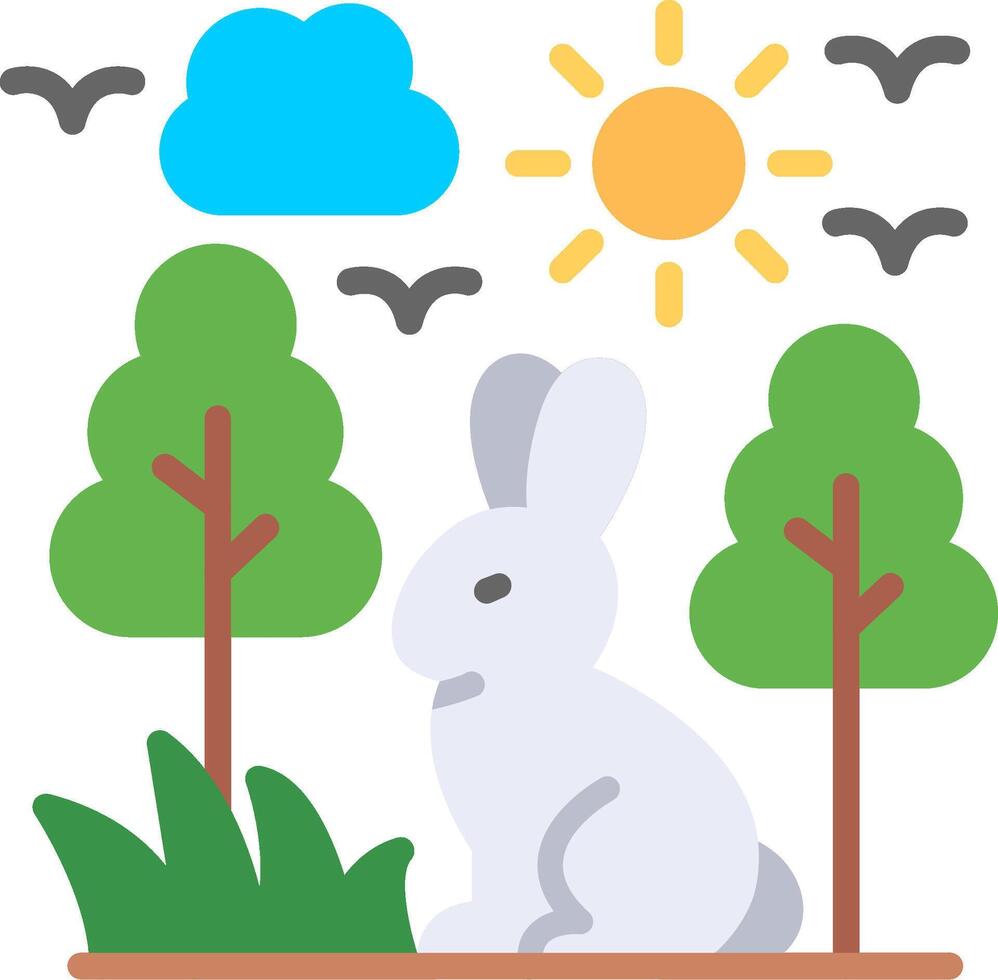A rabbit sitting in the grass with trees and birds vector