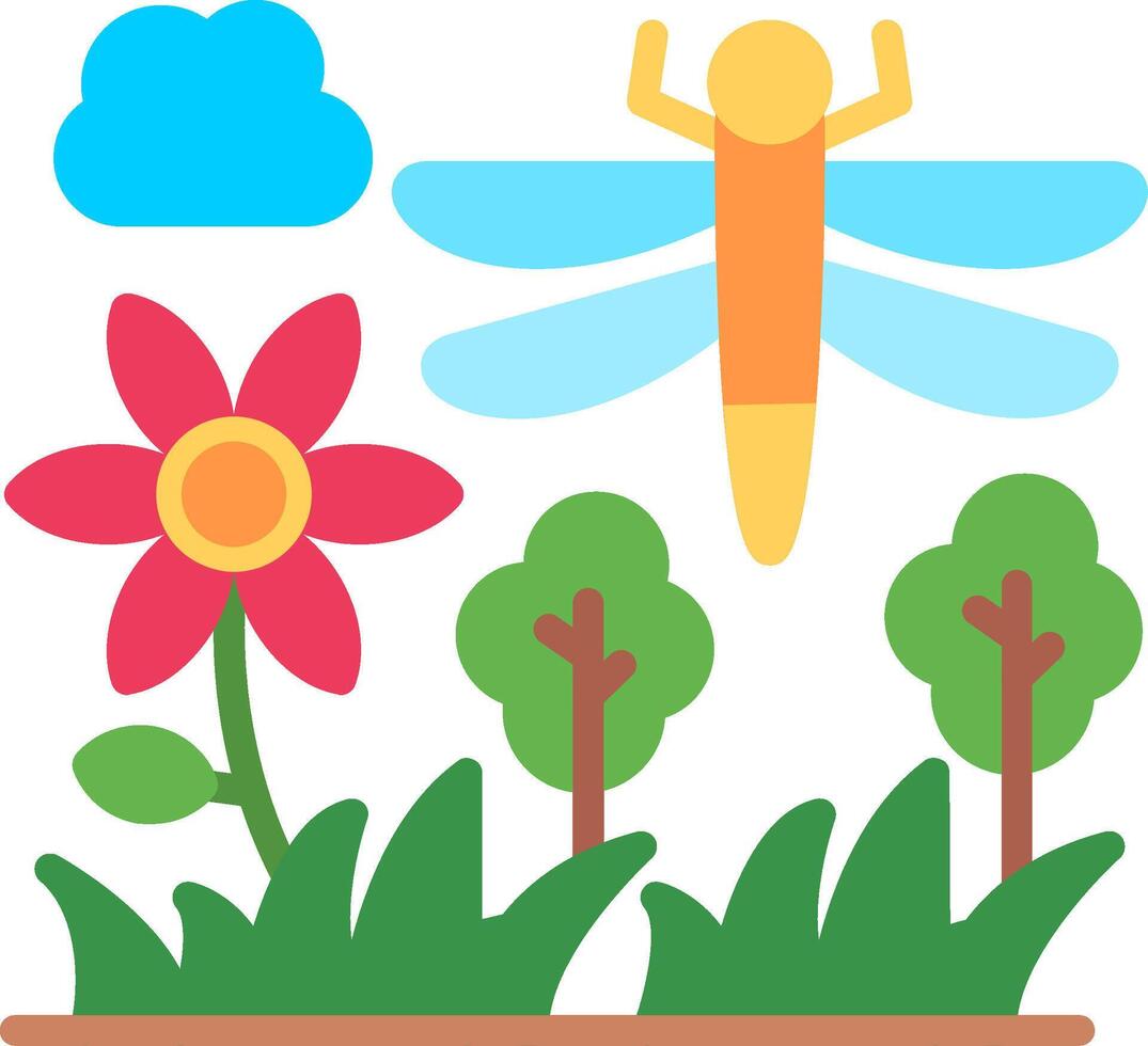 A cartoon dragonfly and flowers are in the grass vector