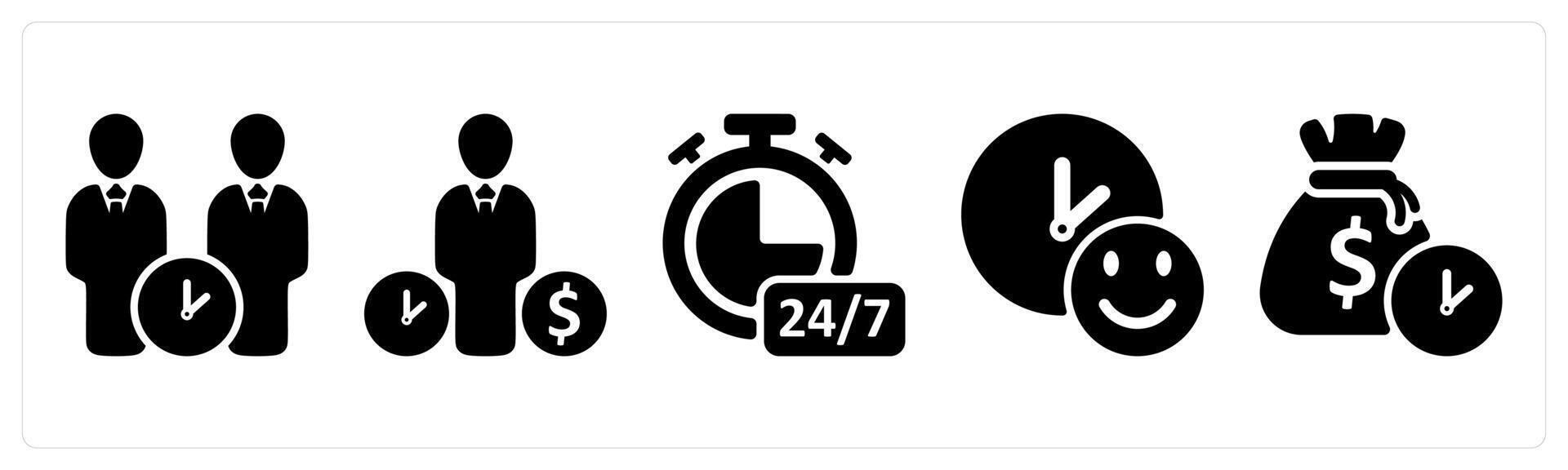 Set of 5 business icons as long time relation, budget estimate, all day service vector