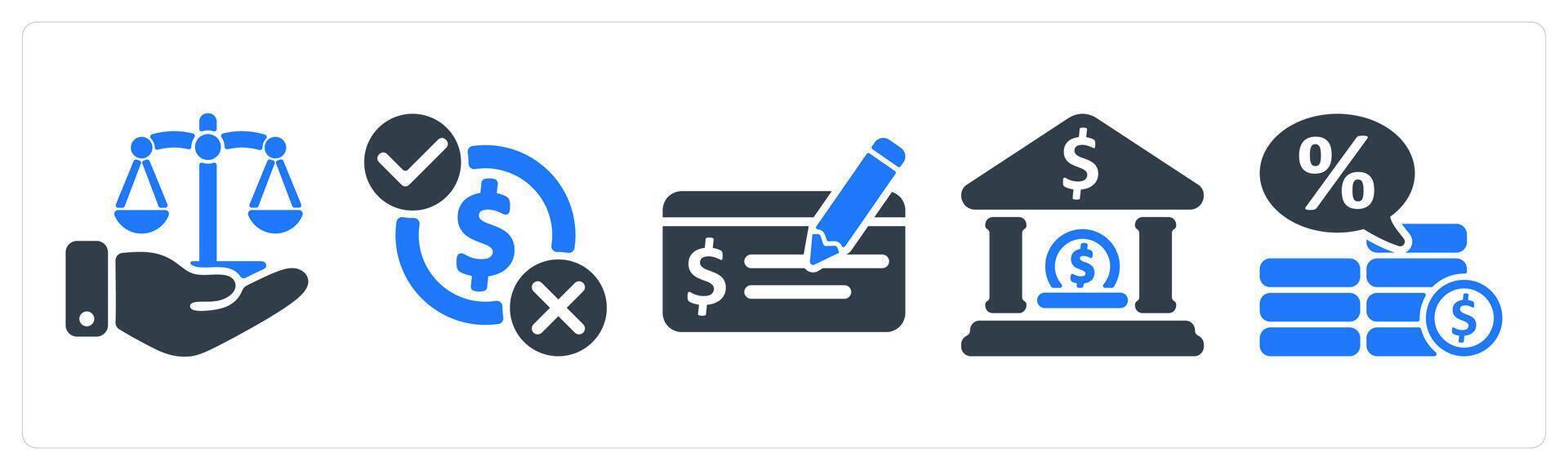A set of 5 business icons as business legal judgement, money decision, payment check vector