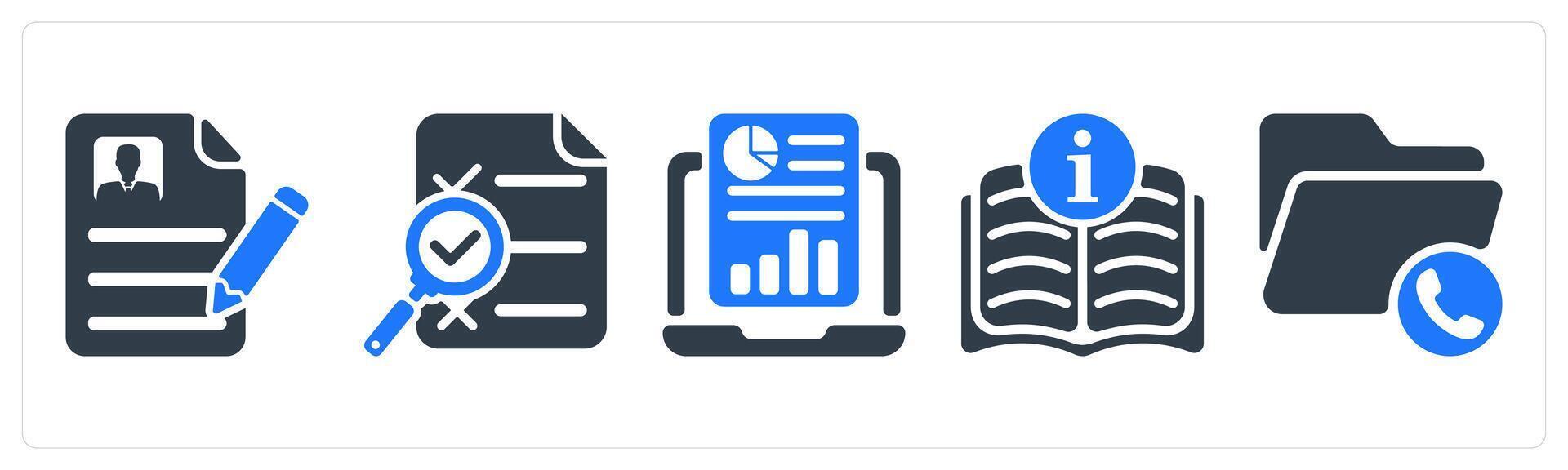 A set of 5 business icons as curriculum value, search report, online report vector