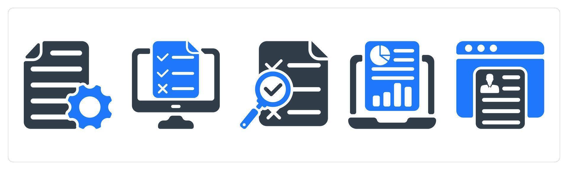 A set of 5 business icons as document settings, online test, search report vector