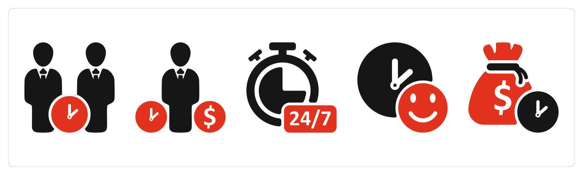 five business icons as long time relation, budget estimate, all day service vector