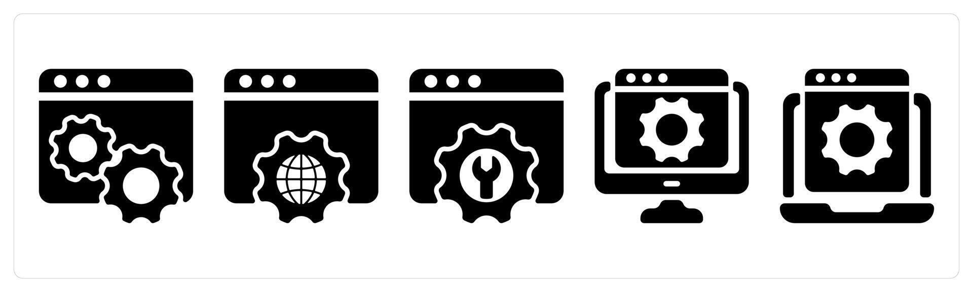 Set of 5 seo icons as web settings, browser settings, seo service vector