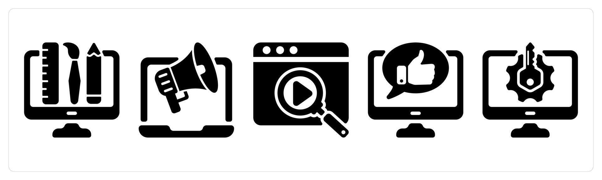 Set of 5 seo icons as creative design, online promotion, search vector