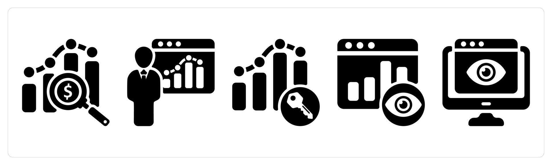 Set of 5 seo icons as marketing research, seo training, keyword ranking vector