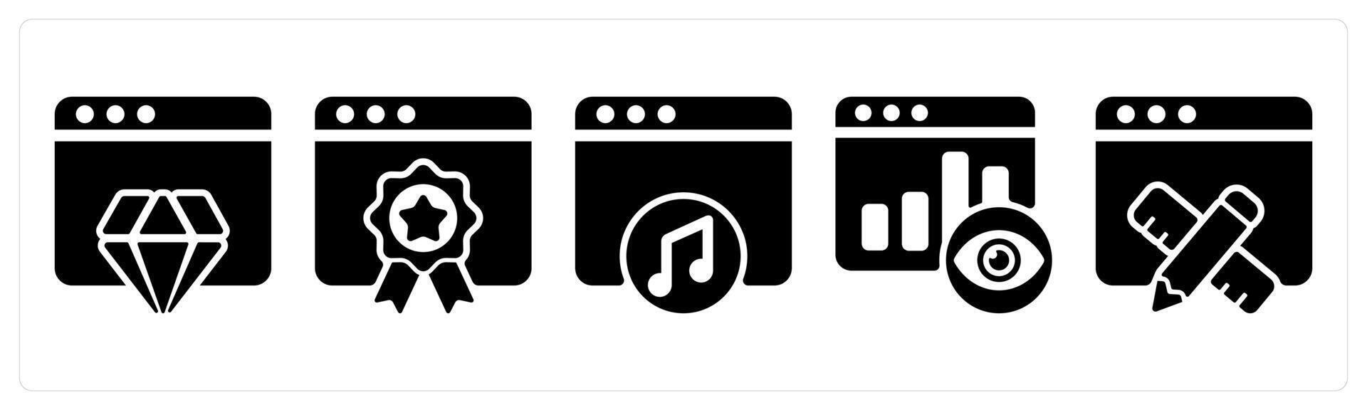 Set of 5 seo icons as website reputation, website ranking, online music vector