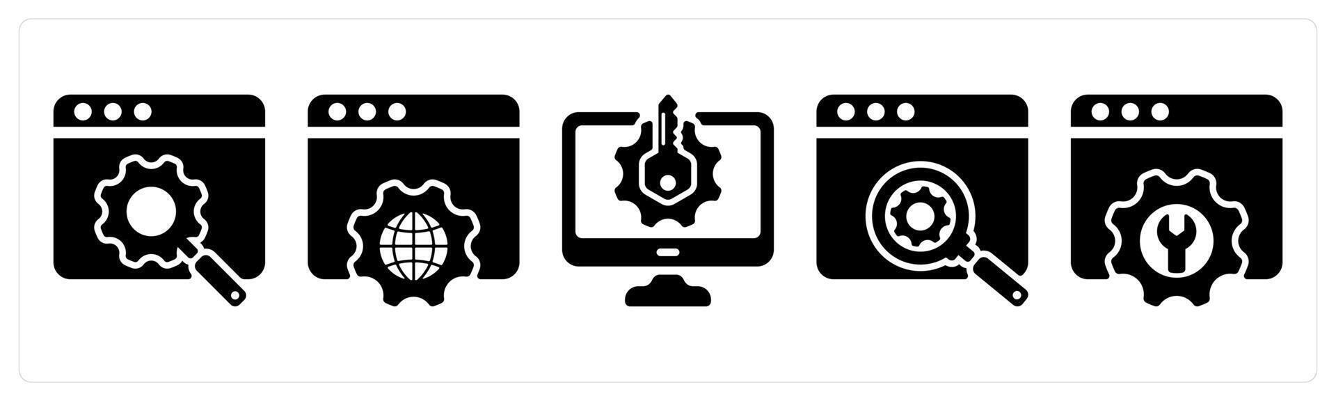 Set of 5 seo icons as search engine optiimization, browser settings, keyword generator vector