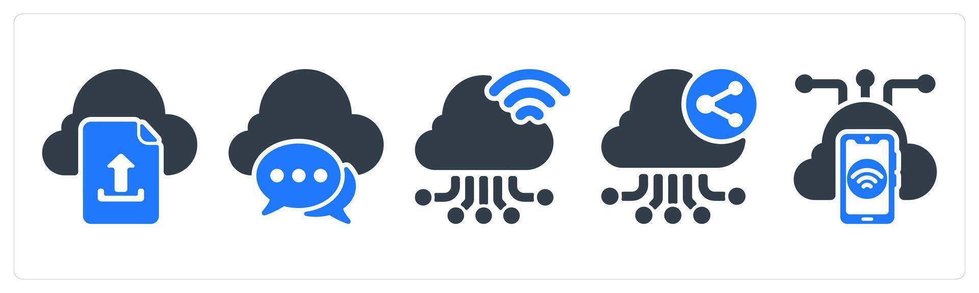 A set of 5 seo icons as file upload, cloud communication, cloud connection vector