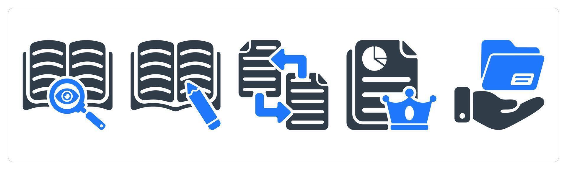 A set of 5 seo icons as find content, article writing, file transfer vector