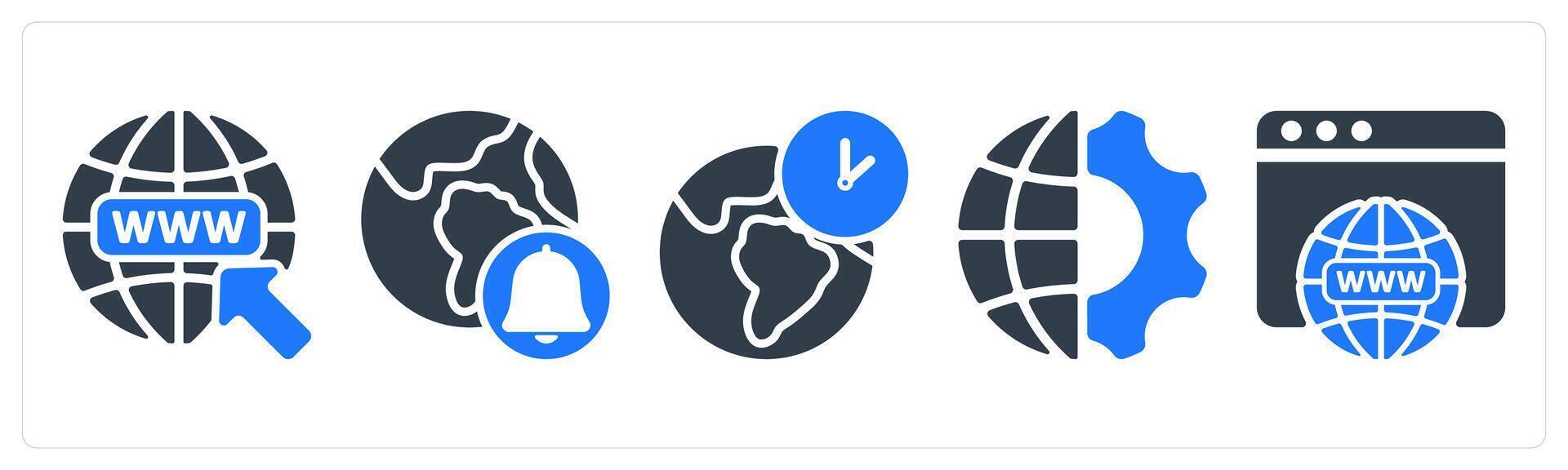 A set of 5 seo icons as find web address, global notification, global time zone vector