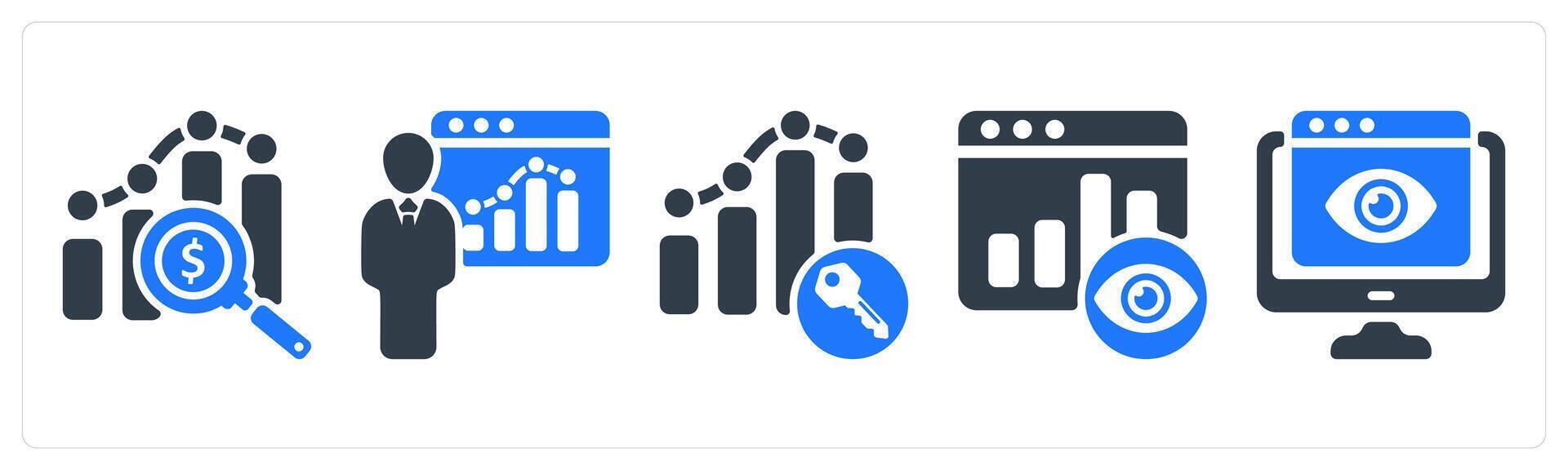 A set of 5 seo icons as marketing research, seo training, keyword ranking vector