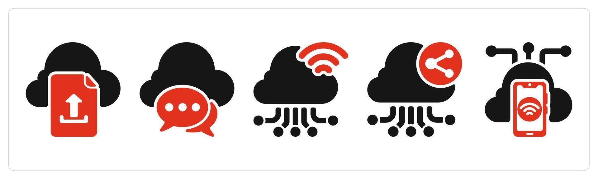 five seo icons as file upload, cloud communication, cloud connection vector