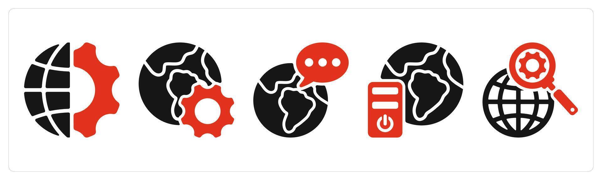 five seo icons as global engineering, browser optimization, global communication vector