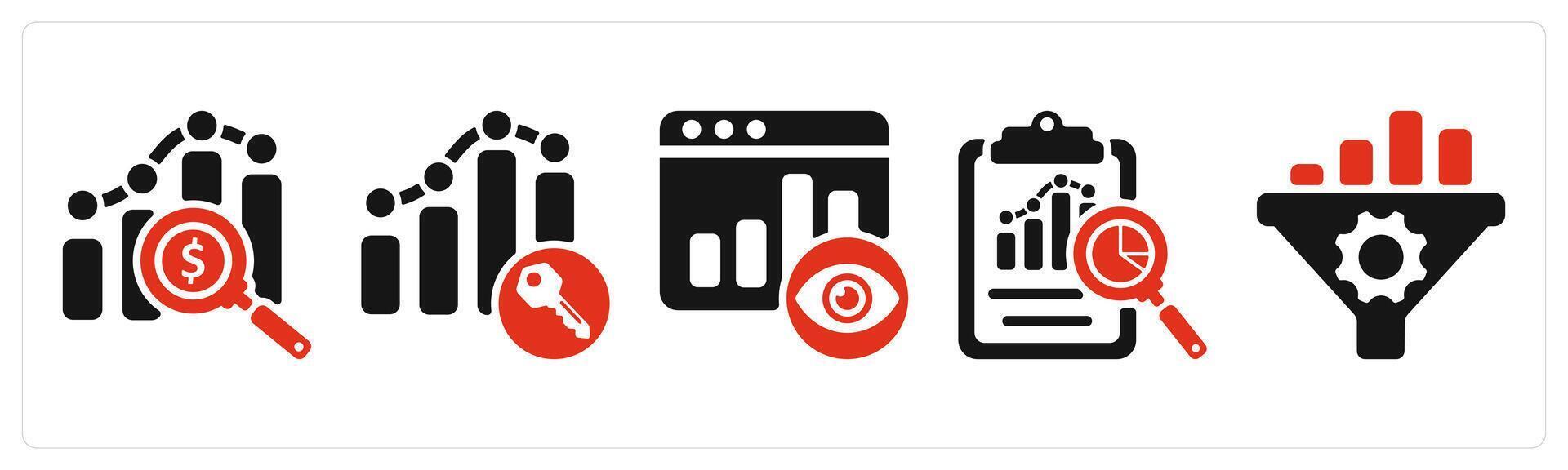 five seo icons as marketing research, keyword ranking, page view vector