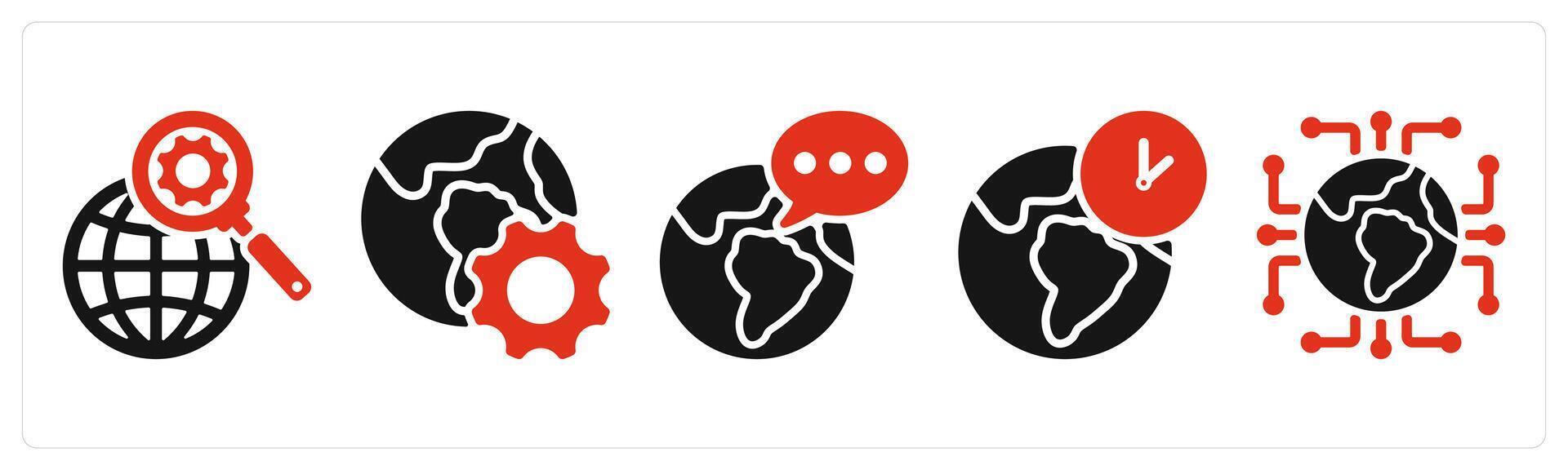 five seo icons as search engine, browser optimization, global communication vector