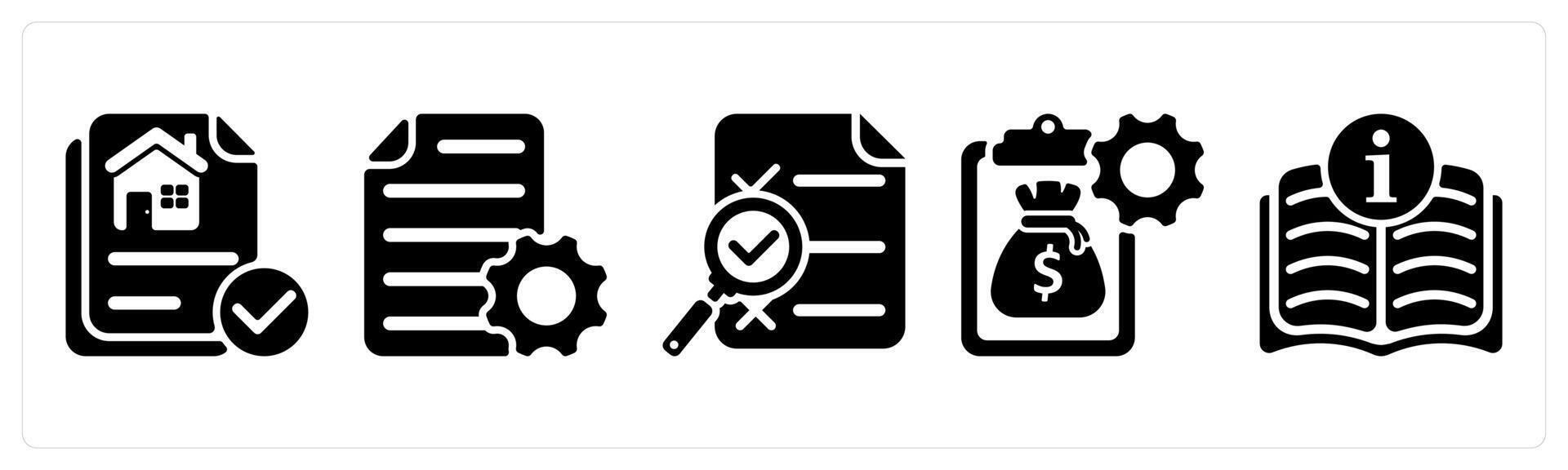 Set of 5 business icons as property document, document settings, search report vector