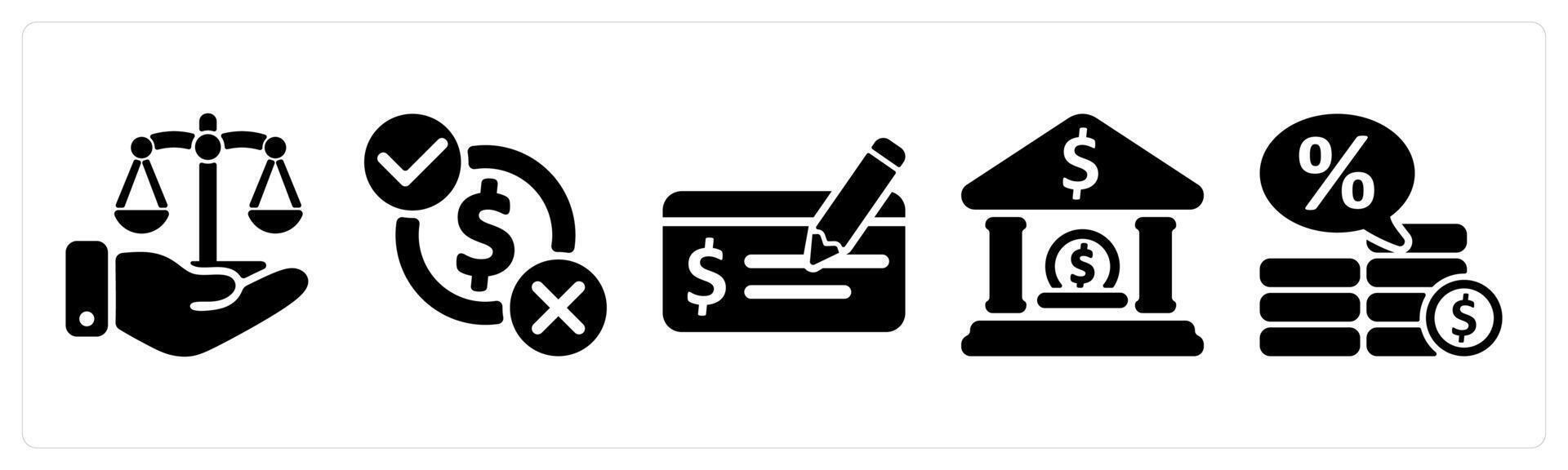 Set of 5 business icons as business legal judgement, money decision, payment check vector