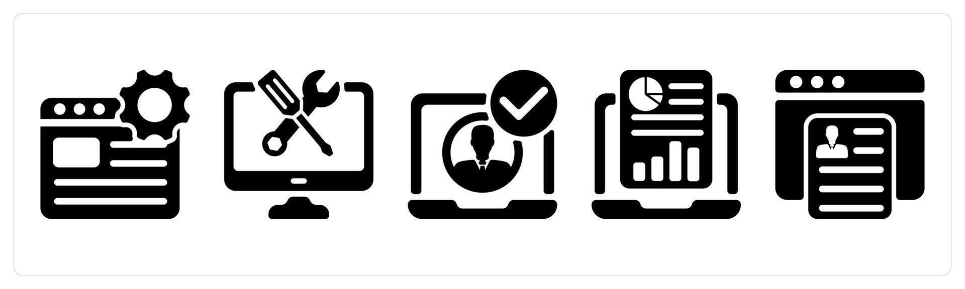 Set of 5 business icons as web service, tech support, account verify vector