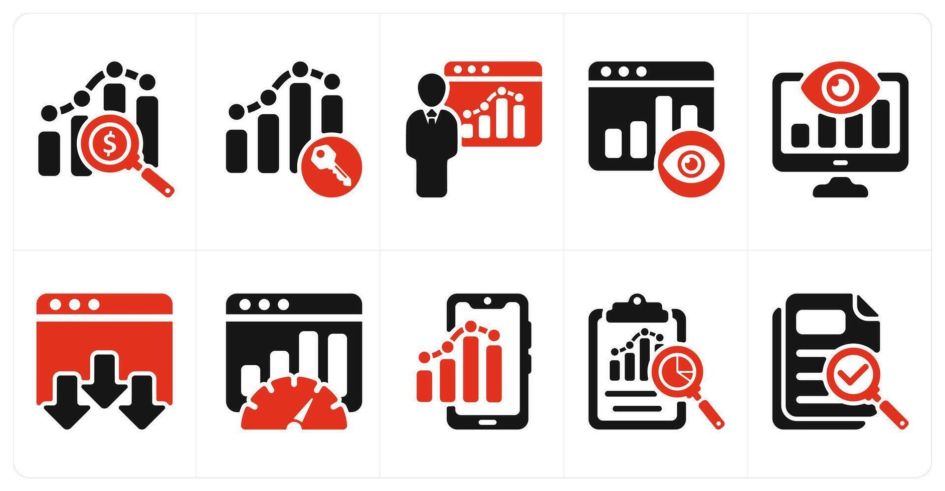 A set of 10 seo icons as marketing research, keyword ranking, seo training vector