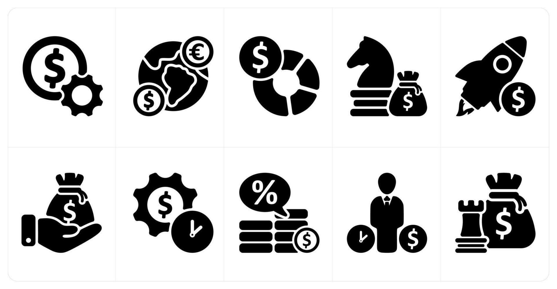 Ten business icons as money setting, global currency, budget planning vector