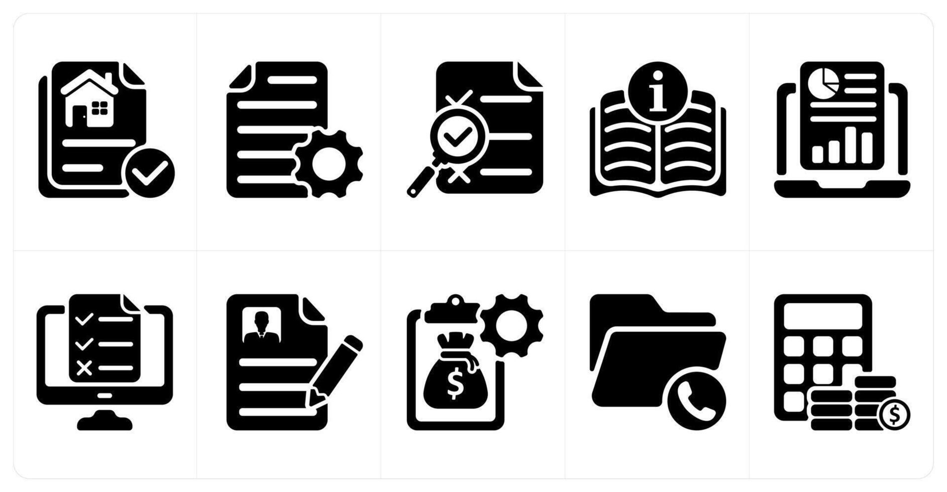 Ten business icons as property document, document settings, search report vector