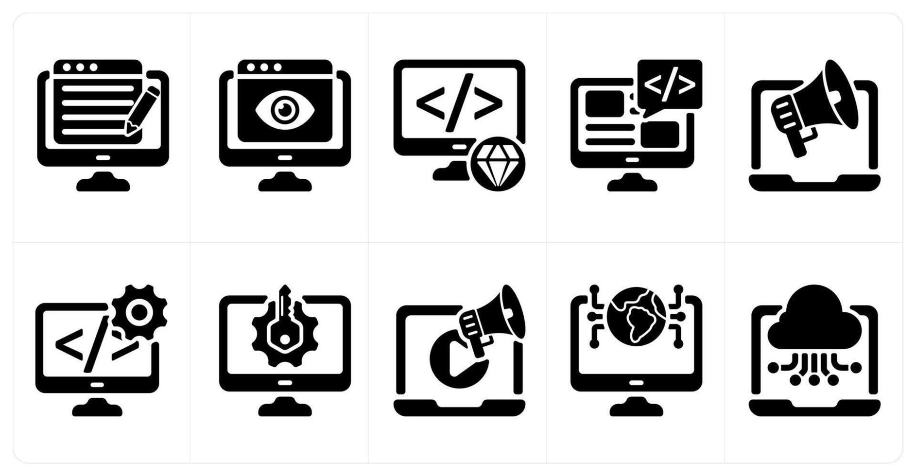 Ten seo icons as content writing, online viewer, clean code vector