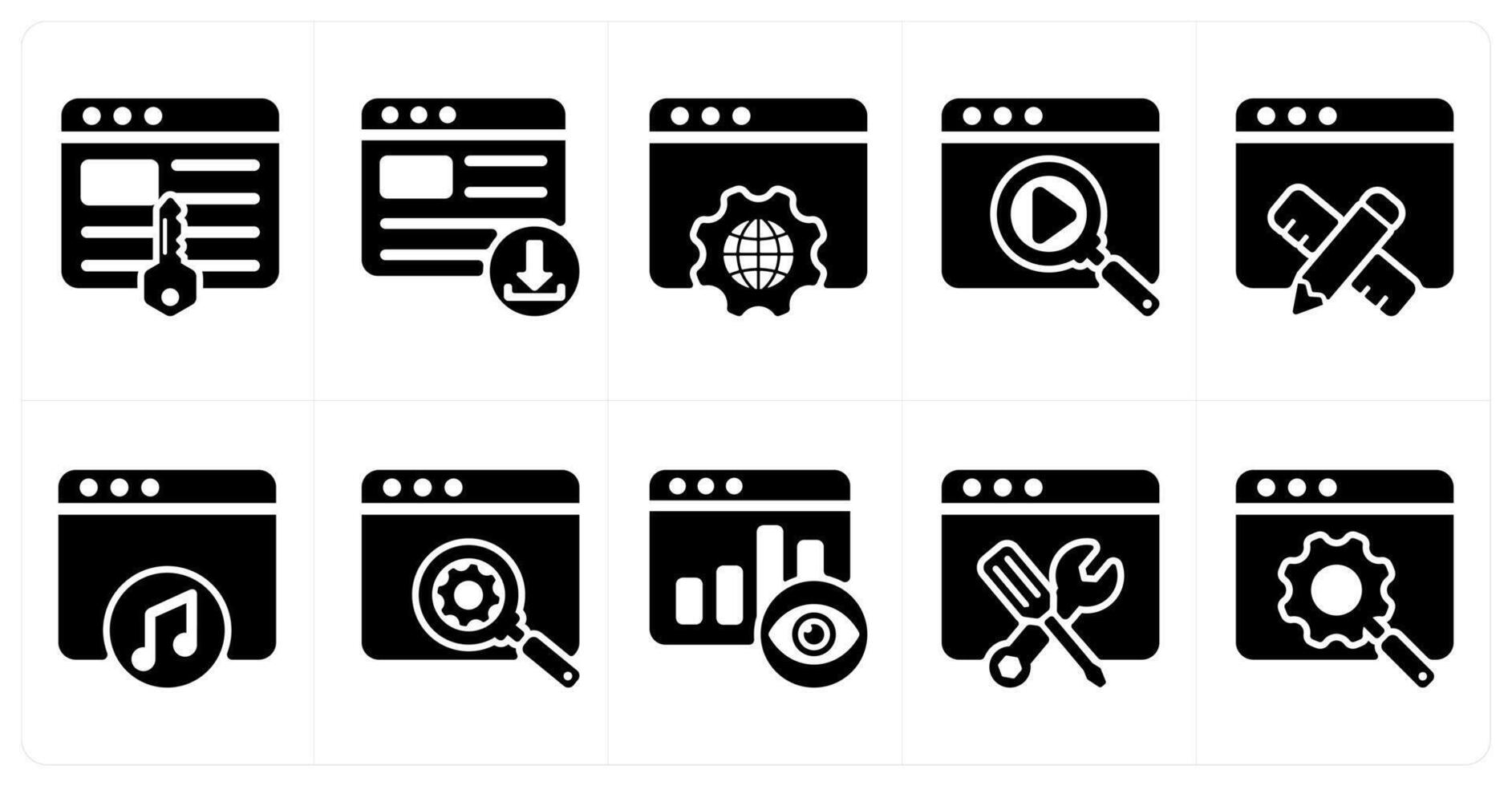 Ten seo icons as keywords, download website, browser setting vector