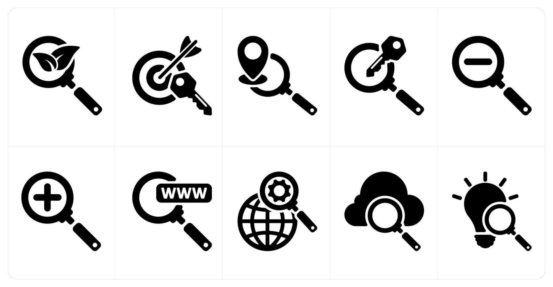 Ten seo icons as organic search, target keywords, local seo vector