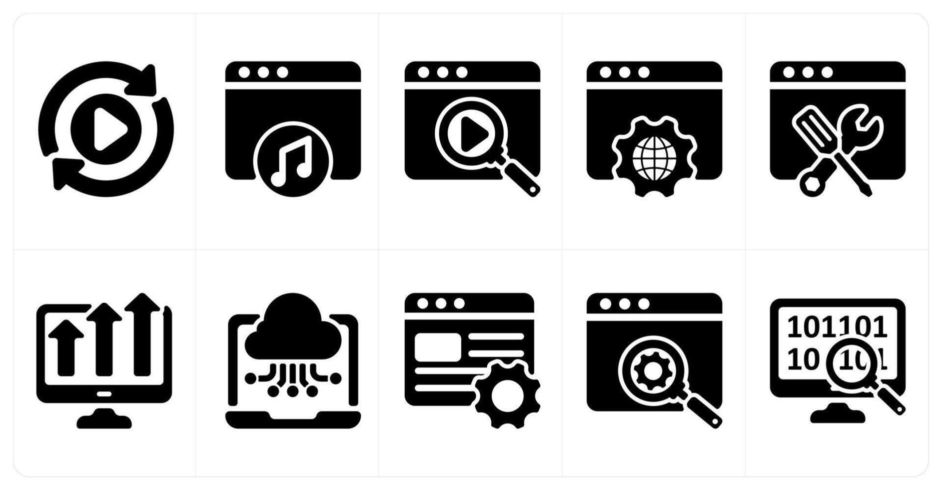 Ten seo icons as convert, online music, search vector