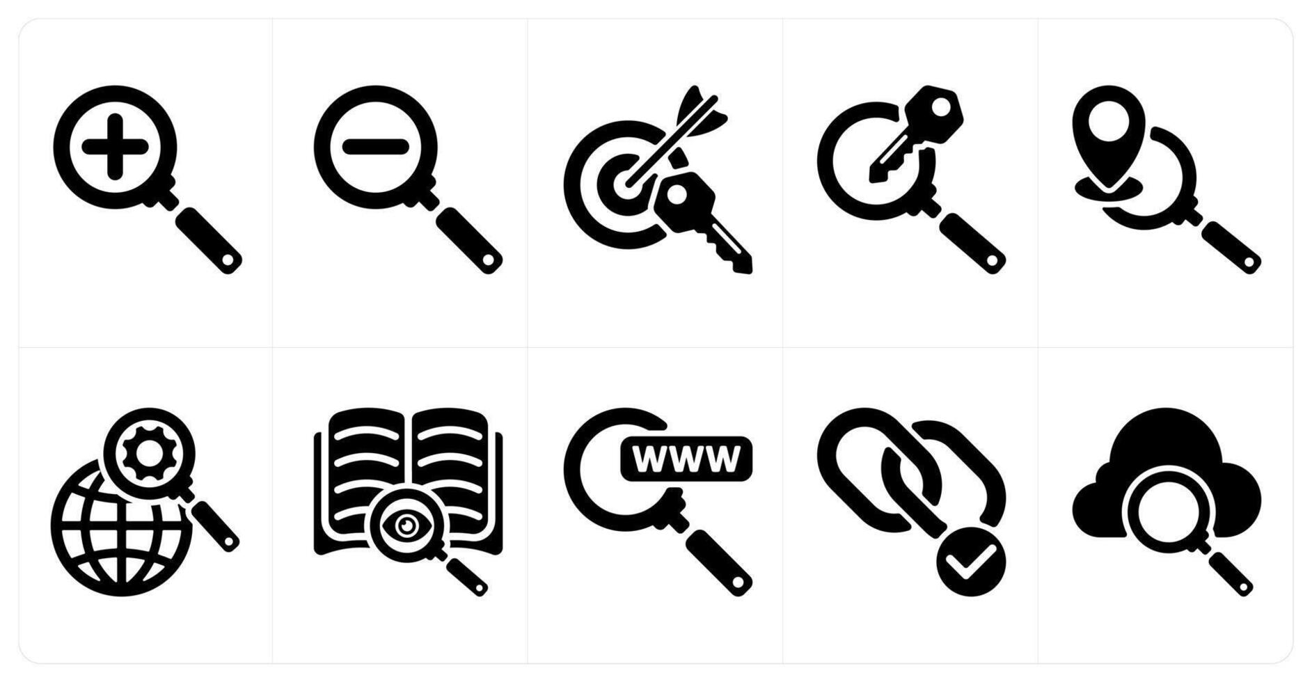 Ten seo icons as zoom in, zoom out, target keywords vector