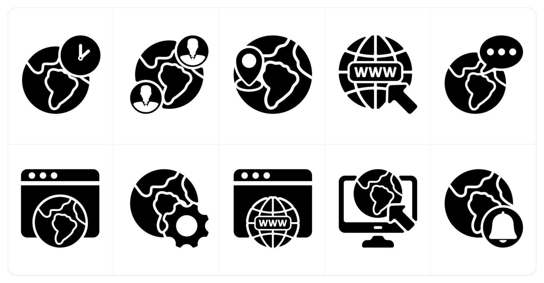 Ten seo icons as global time zone, global communication, global location vector