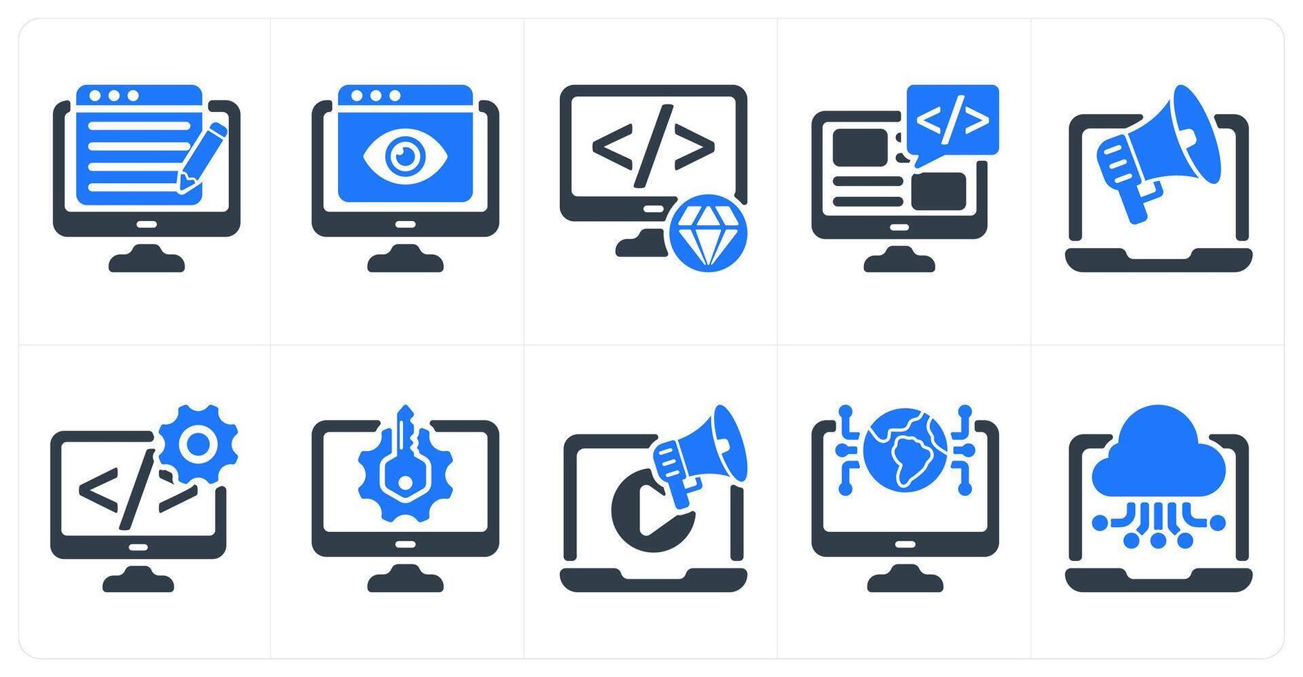 Set of 10 seo icons as content writing, online viewer, clean code vector