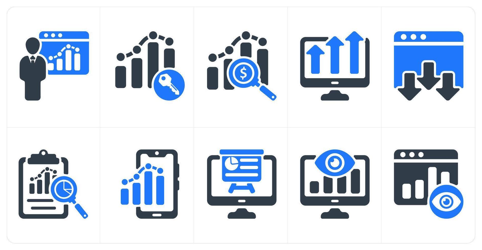 Set of 10 seo icons as seo training, keyword ranking, marketing research vector