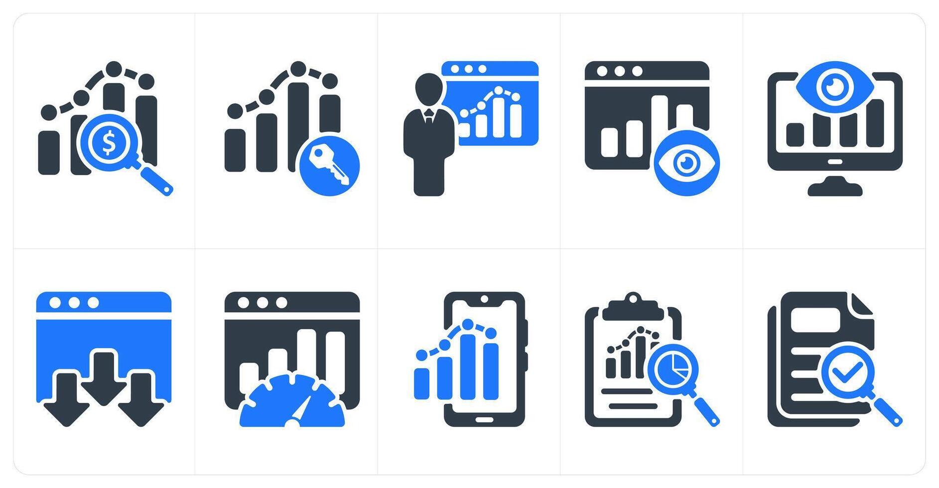 Set of 10 seo icons as marketing research, keyword ranking, seo training vector