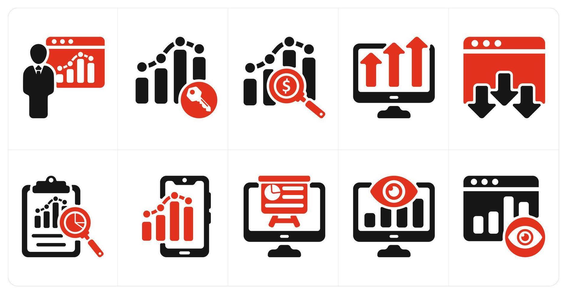 A set of 10 seo icons as seo training, keyword ranking, marketing research vector