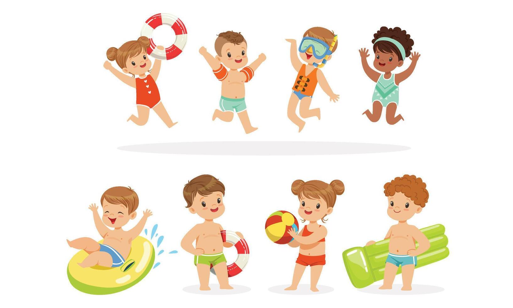 Children in swimming clothes with inflatable toys. illustration. vector