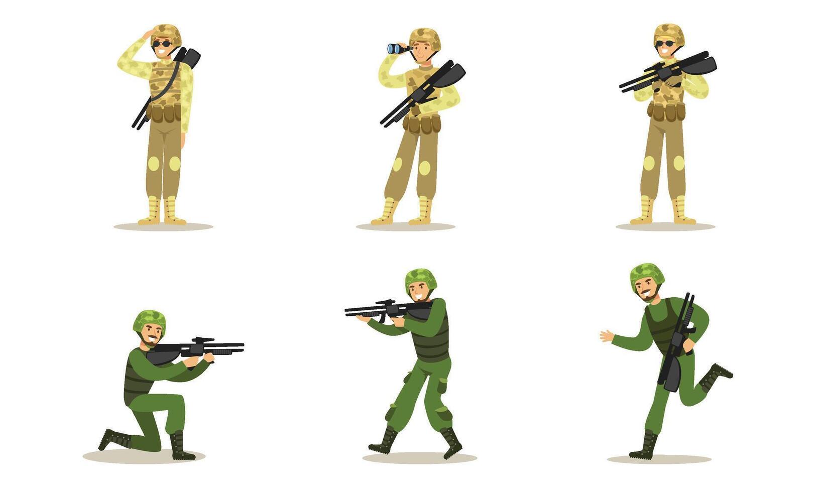 Set of military men in green and beige uniforms. illustration. vector