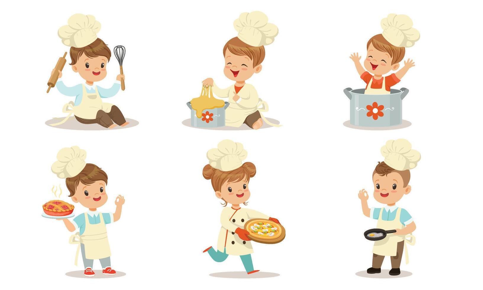 Toddlers in cook suits are cooking. illustration. vector