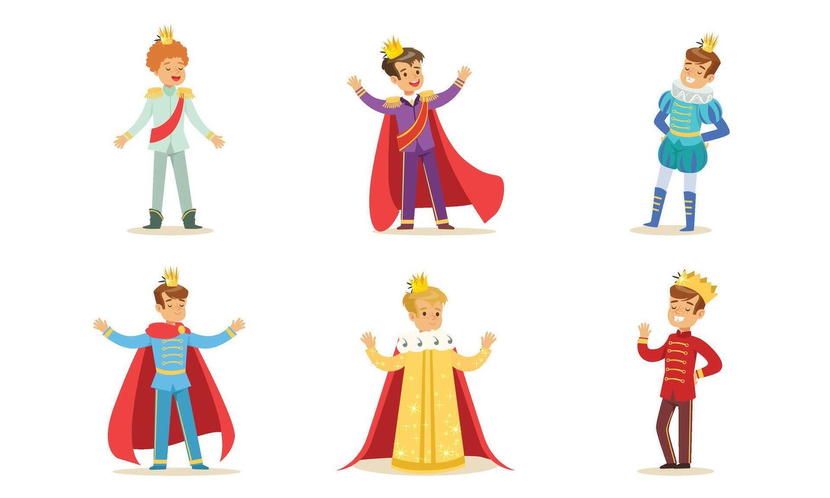 Boys in different costumes of kings and princes. illustration. vector