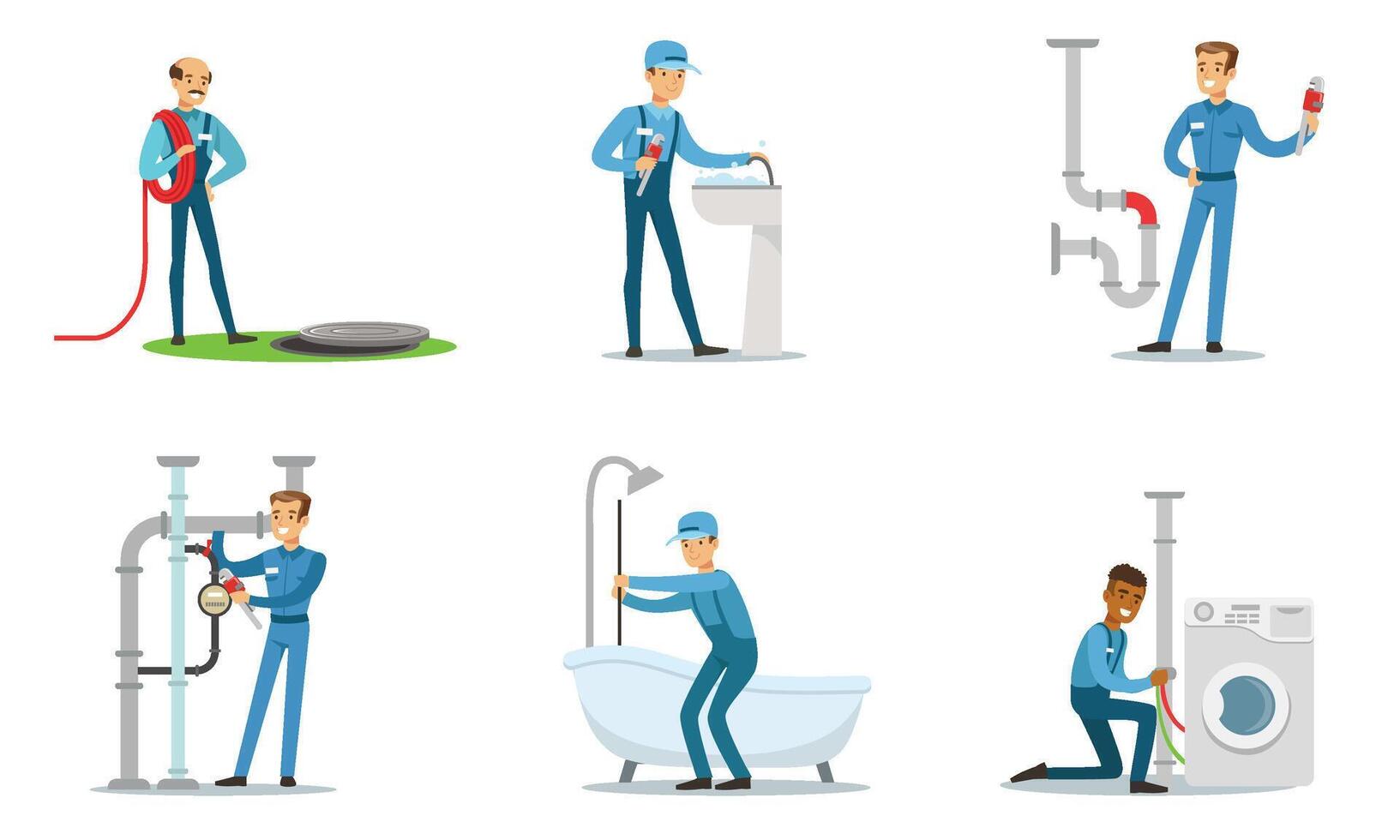 Set of plumbers at work. illustration. vector