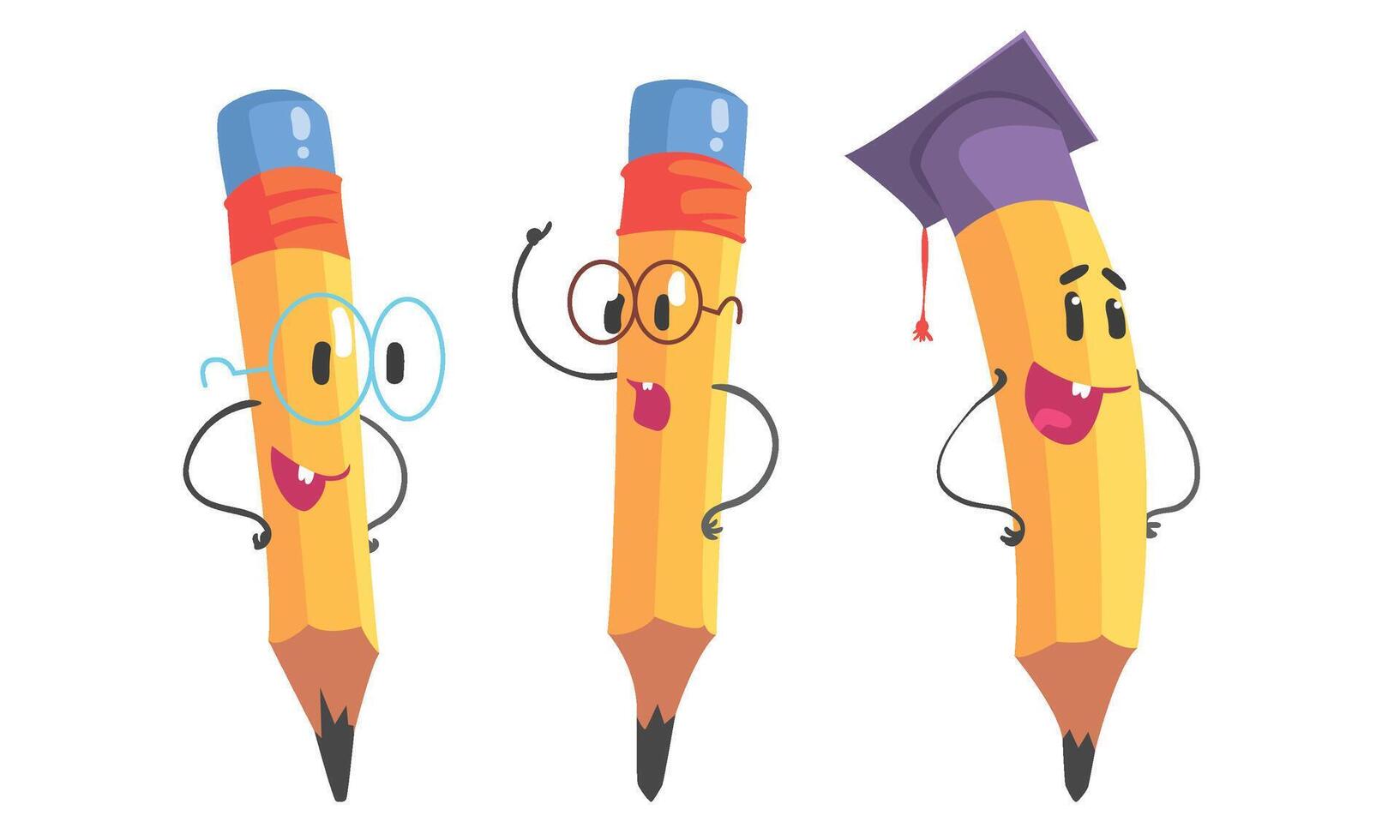 Yellow pencil with hands and glasses. illustration. vector