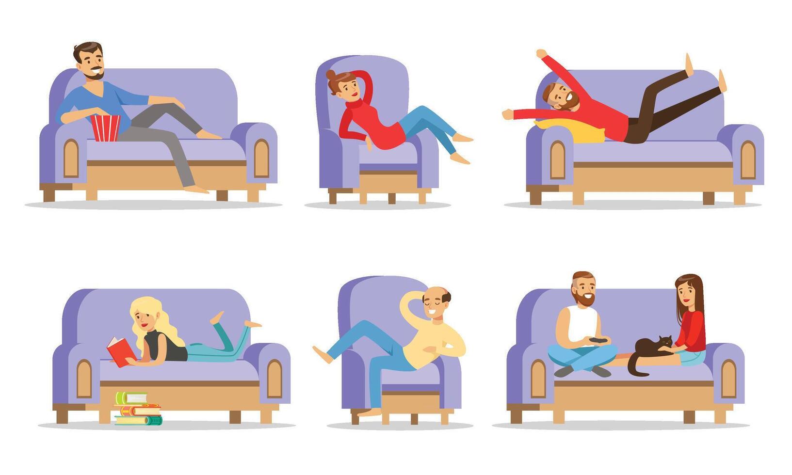Men and women relax at home on the sofas. illustration. vector
