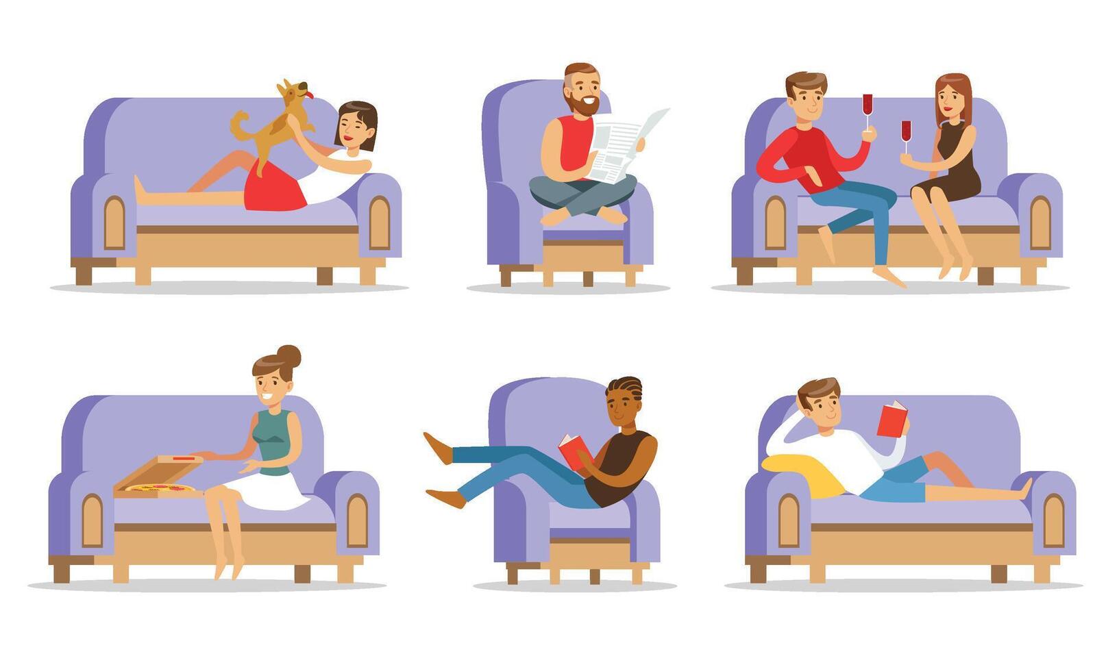 People relaxing at home on the couch. illustration. vector