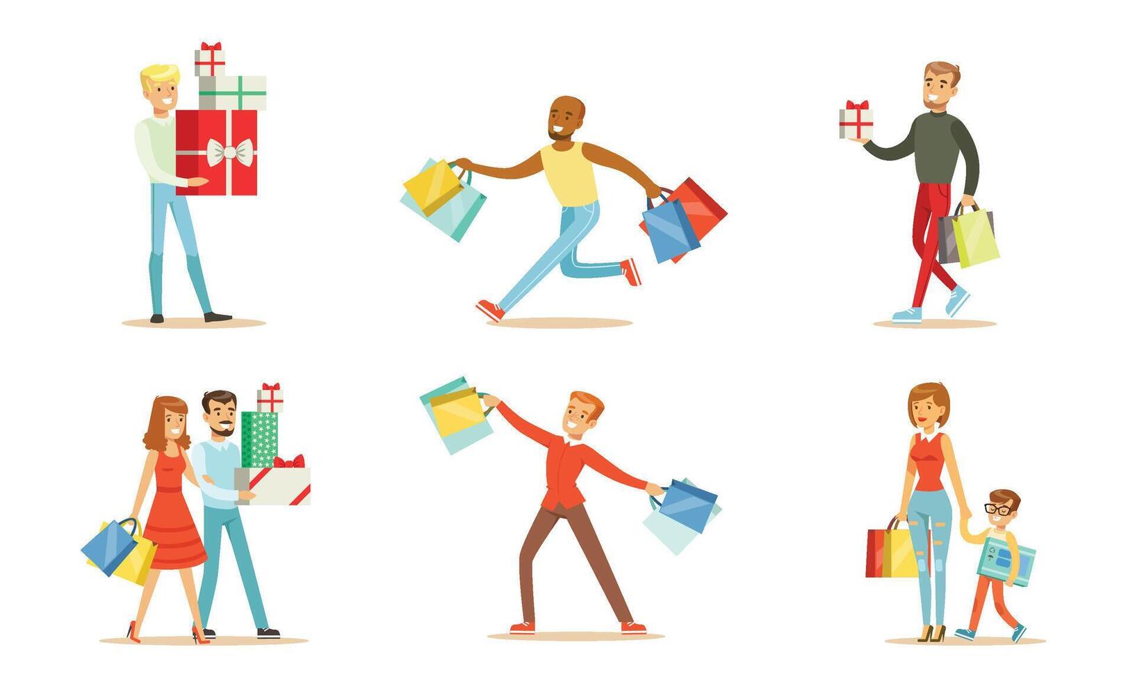 Joyful people with shopping in bags and boxes. illustration vector