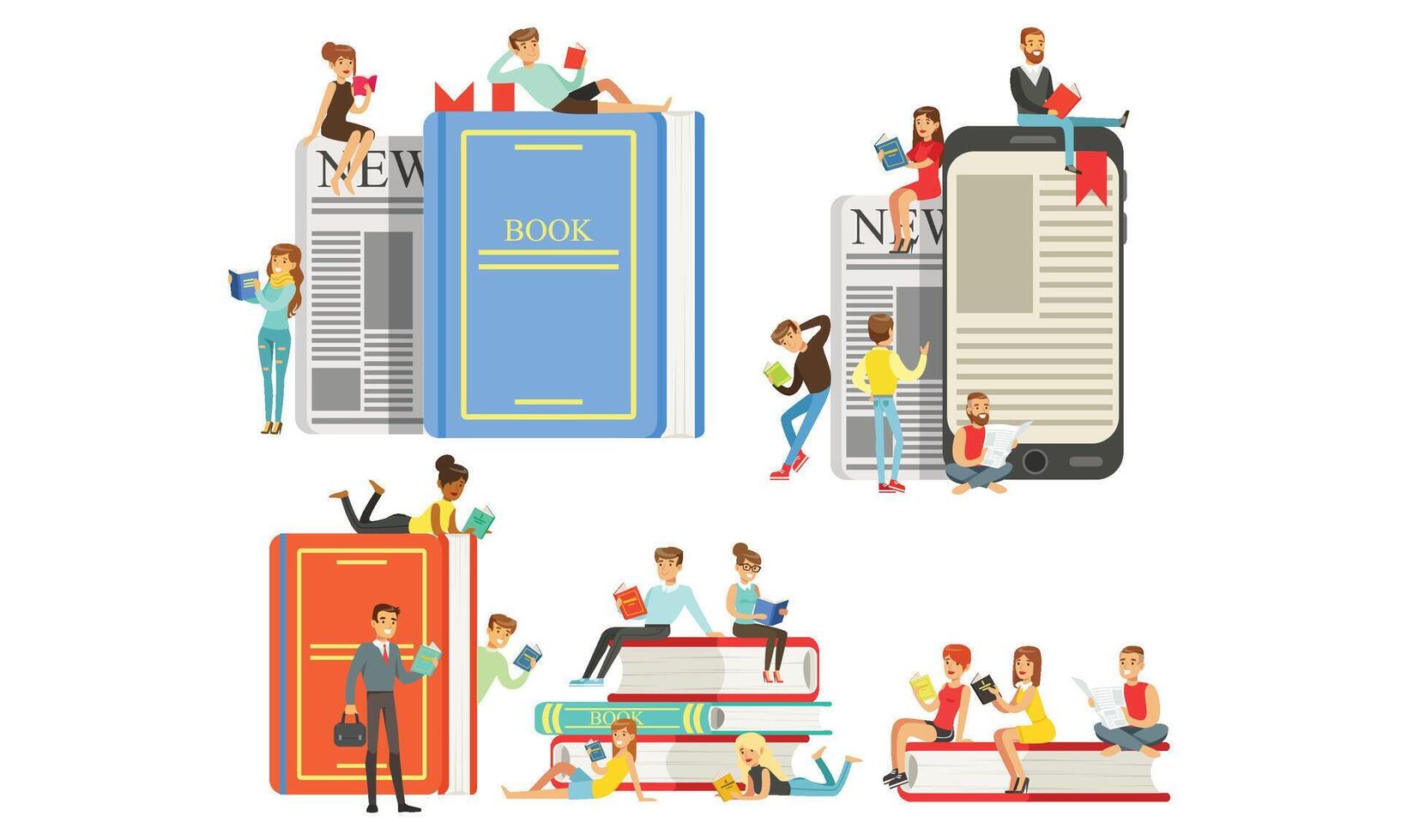 Giant books and a lot of reading people. illustration vector