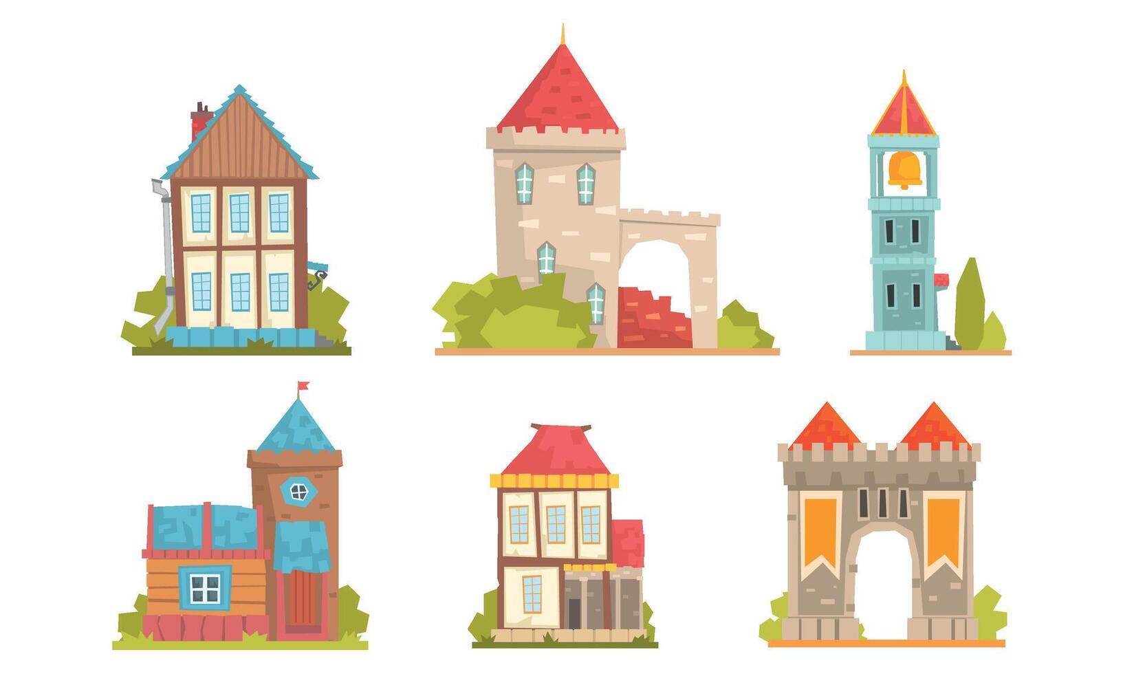 Collection of medieval buildings in the European style. illustration. vector