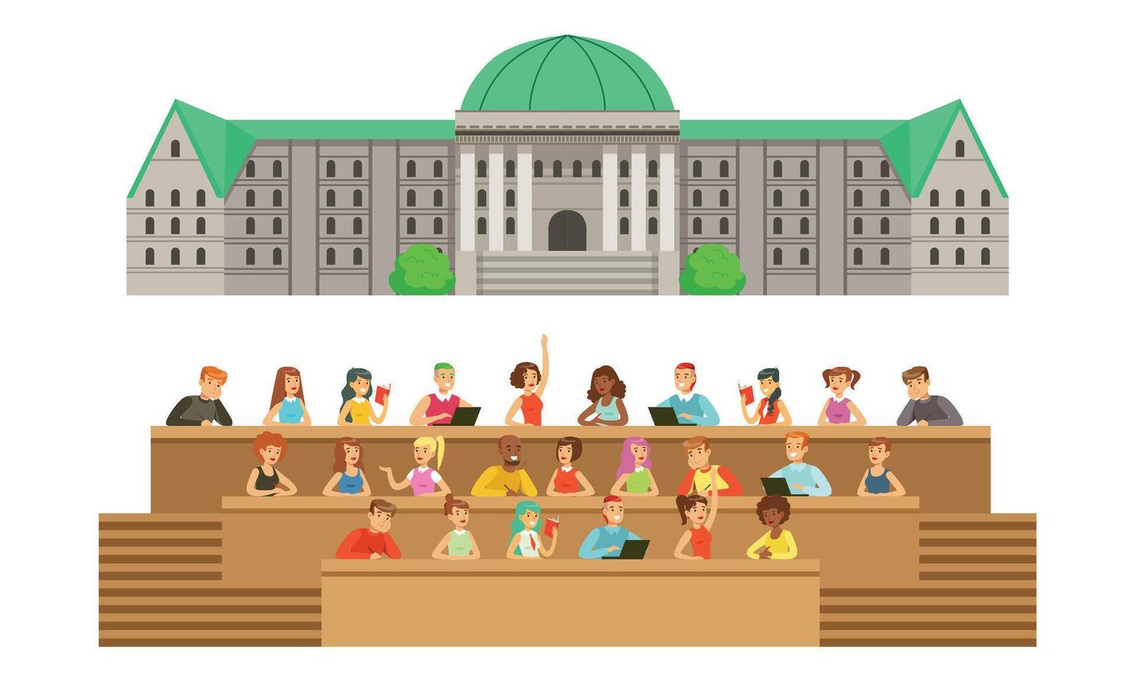 University building and classroom with students. illustration. vector