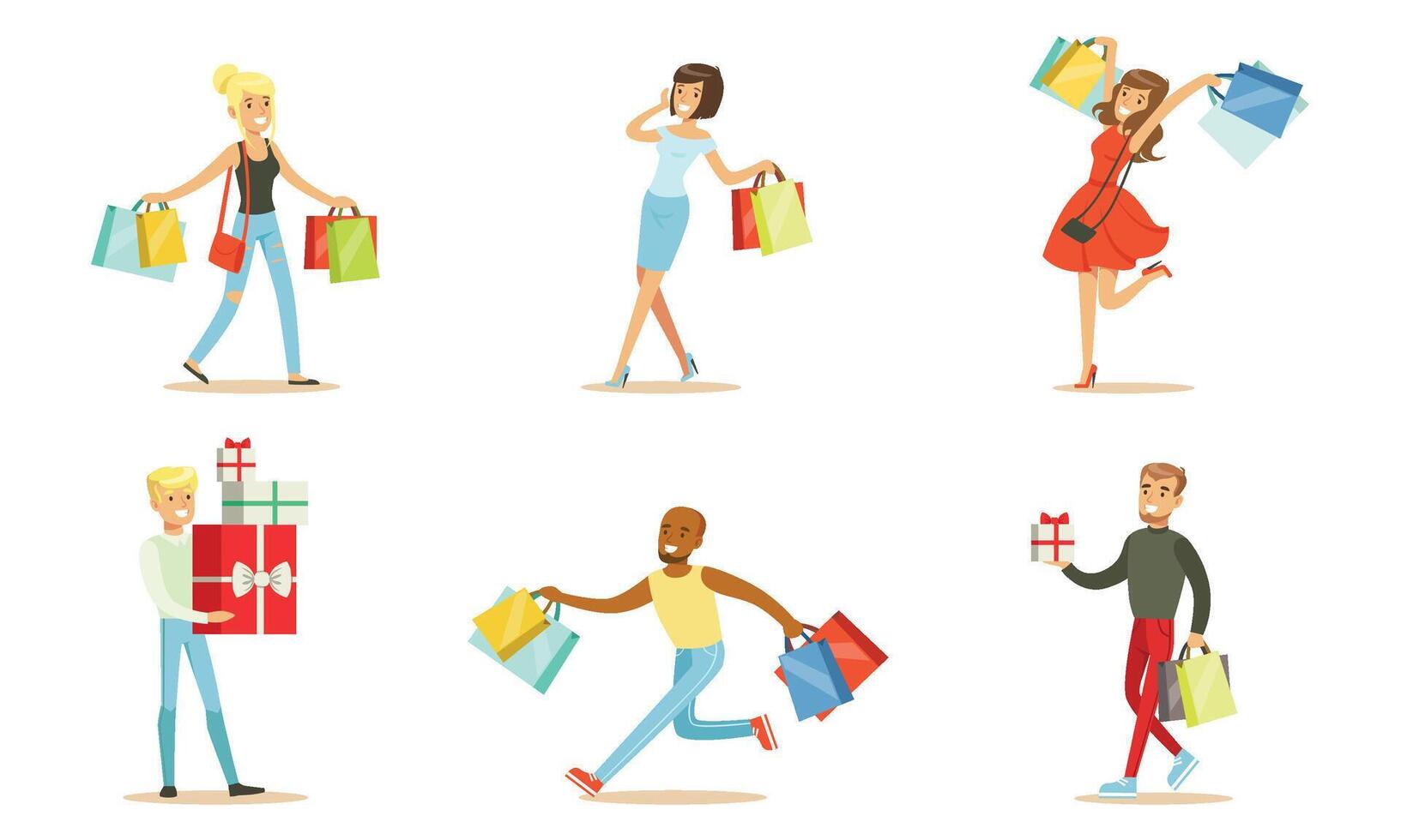 Happy shoppers with packages. illustration on a white background. vector
